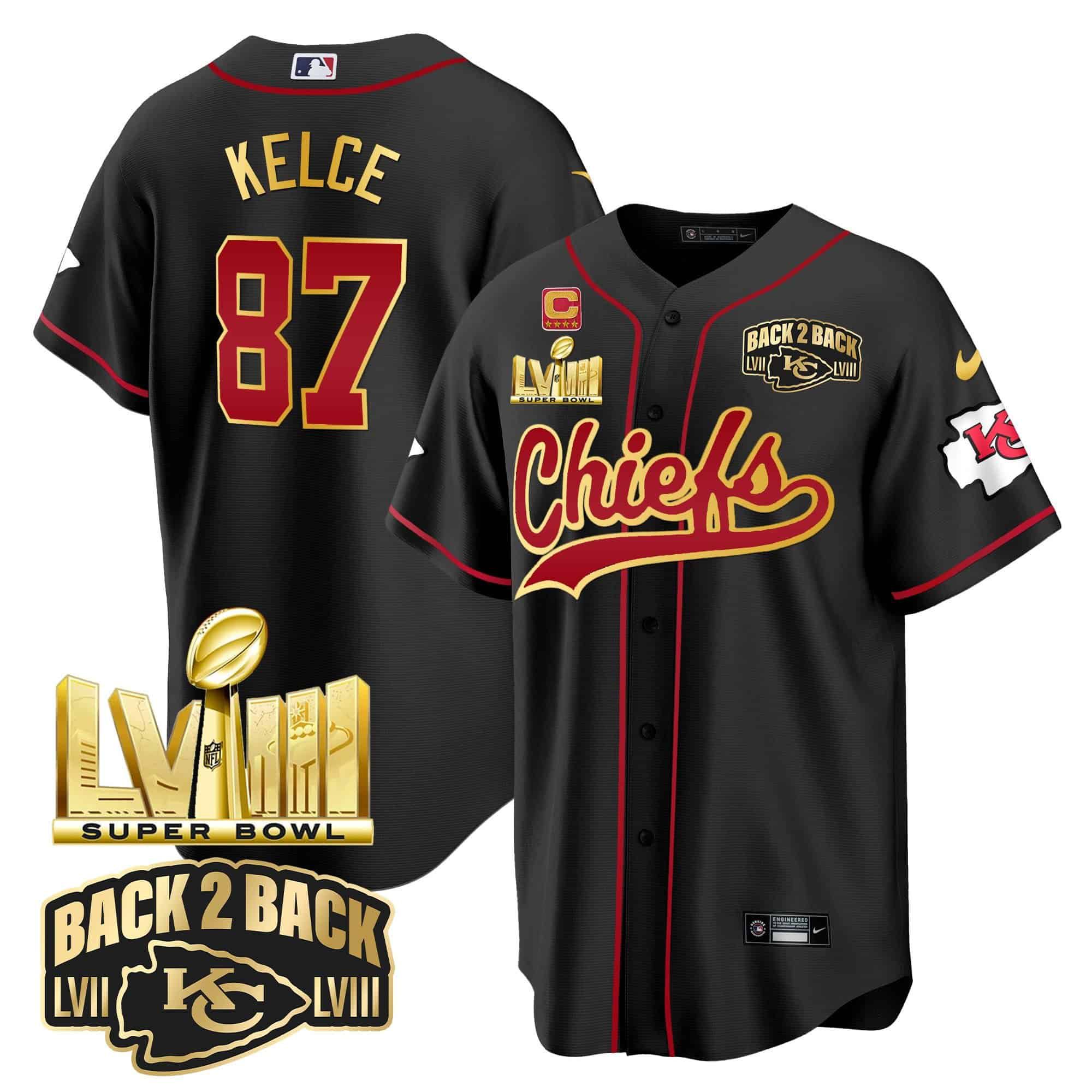 Men Kansas City Chiefs #87 Kelce Black 2024 Nike Super Bowl LVIII Back-2-Back Gold Patch Baseball NFL Jersey